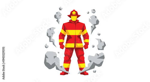 Brave Firefighter in Full Gear Surrounded by Smoke and Haze.