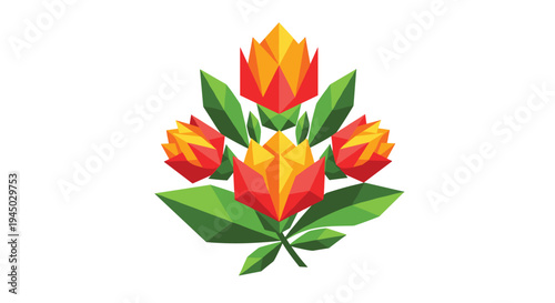 Vibrant Low Poly Floral Arrangement with Red and Orange Blooms.