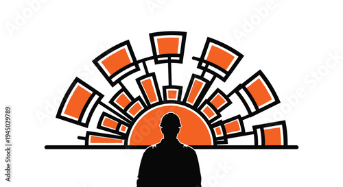 Silhouette of a person looking at an abstract sunrise or radiating structure.