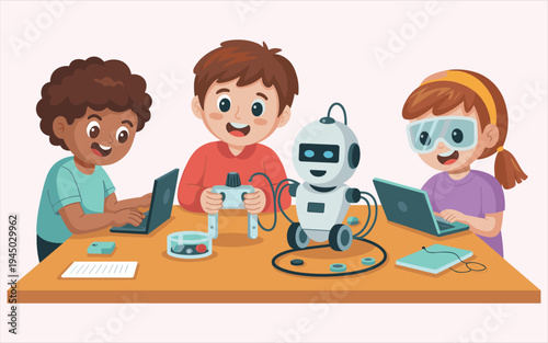 Children Building and Programming a Robot with Laptops and Controllers STEM Education
