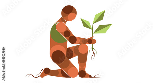 Stylized figure kneeling and holding a green plant with roots.