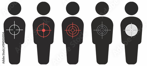 Human, target audience icon set with crosshair symbol, marketing and customer focus concept, business strategy and demographic targeting vector illustration