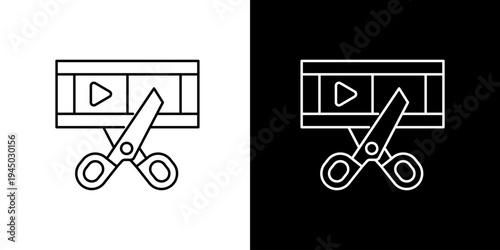 Video editing icons featuring scissors cutting a film strip, presented in both black and white