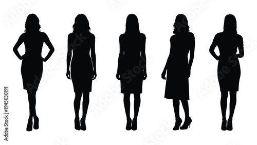 Five silhouettes of women in various poses and attire, showcasing different body types and fashion styles