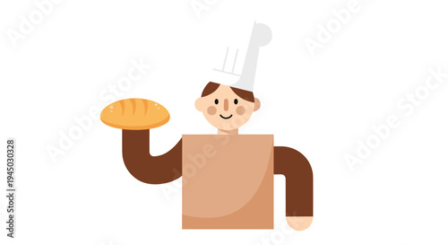 Smiling Baker in Chef Hat Holding Freshly Baked Bread Loaf.