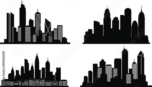 City Skyline Silhouette Vector Set Featuring Modern Skyscrapers Urban Landscapes Building Profiles and Metropolitan Architecture Icons Isolated on White 