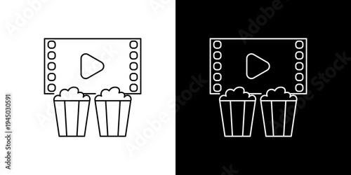 Stylized line icon illustration of a film reel and popcorn, symbolizing movie entertainment, cinema night, or a cozy home viewing experience