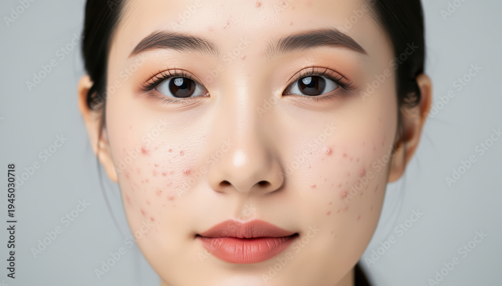 Fototapeta premium Acne and Skin: Close-up of a person's face showing skin texture with acne, reflecting the need for skincare solutions.