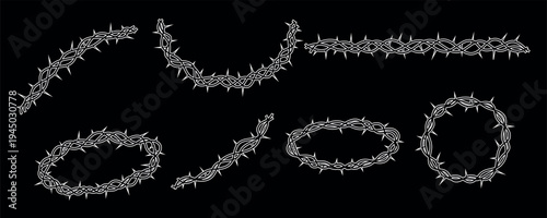 Outline Christian Circle Thorn Crown Branch Set. Christ Thorns of Crown Frame for Friday Sunday Kit. Doodle Vector Graphic Elements in Black Background