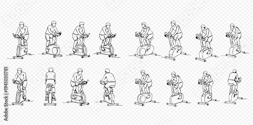 Set of line art drawings depicting a person exercising on a stationary bike, from various angles and perspectives.