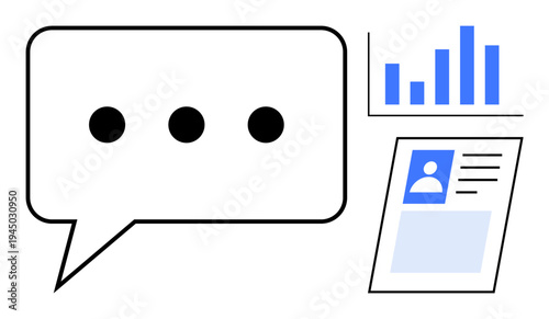 Communication concept. Communication tools ed through a chat bubble, analytics graph, and profile card. Communication streamlines data sharing and personal interaction. Business, technology, social