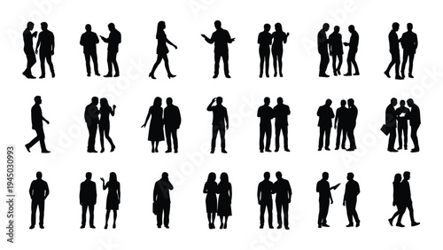 Collection of diverse human silhouettes in various poses and interactions