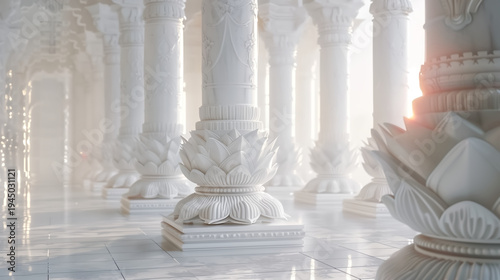 Elegant close-up of intricately carved white marble pillars inside a traditional Hindu mandir. The detailed floral and ornamental carvings highlight fine craftsmanship and sacred temple architecture