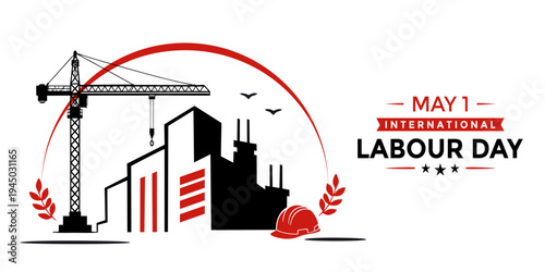 International Labour Day. Labour Day Banner featuring construction crane, city buildings, and worker helmet with May 1 text. Modern flat vector design celebrating workers and industrial development.