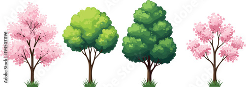 Collection of colorful spring trees including pink cherry blossoms and green leafy trees with grass tufts isolated on white background for seasonal landscape design.
