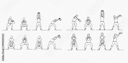 Continuous line drawing of people exercising with kettlebells, demonstrating various fitness movements and strength training routines.