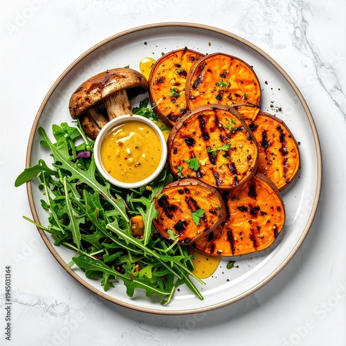 Grilled sweet potato slices with arugula, mushroom, and dipping sauce