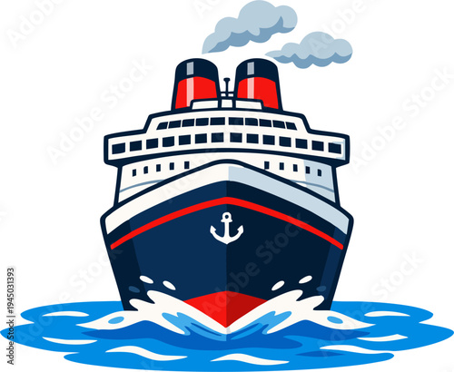 Cartoon Cruise Ship Sailing on Ocean Waves with Red Funnels and Anchor, Nautical Vector Illustration