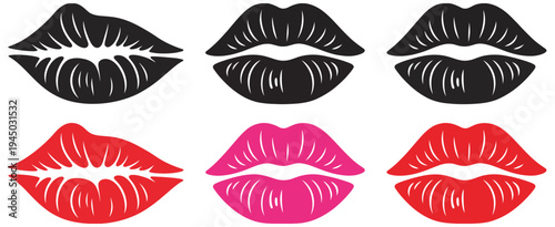 Lips, silhouette and kiss mark set, red, pink, and black lip print icons vector collection, romantic and beauty concept, editable illustration isolated on transparent background.