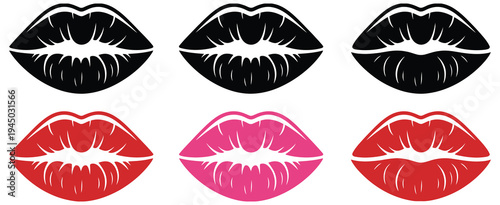 Lips, kiss mark and silhouette icon collection, red, pink, and black lip prints, love, fashion, and cosmetic symbols, clean editable vector illustration.