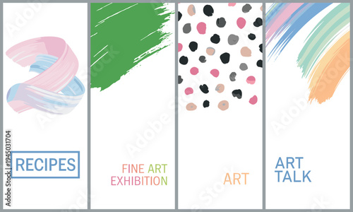 Modern art exhibition poster set with recipes, fine art, and creative talk design elements in pastel colors