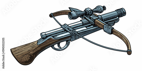 Detailed illustration of a futuristic crossbow with a scope attachment
