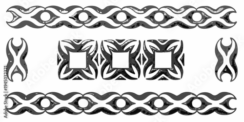 Black and white ornamental design featuring repeating geometric patterns