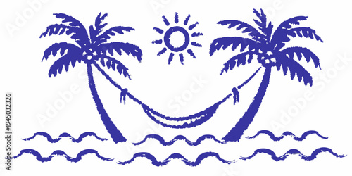 A playful illustration of palm trees a hammock and a radiant sun