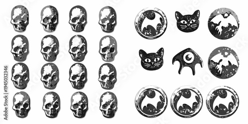 An assortment of sketched skulls cats and ornate oval designs in grayscale