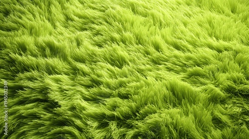 An extreme close-up showcases the dense, textured surface of a bright green, shaggy carpet with flowing synthetic fibers.
