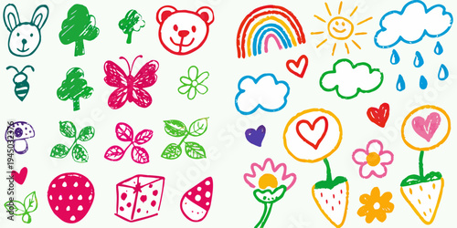 Colorful childlike drawings depict a playful assortment of nature and objects