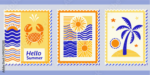 Three colorful retro style summer postage stamps with marine and tropical themes