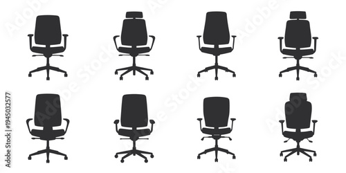 Office, chair silhouette business vector icon bundle, workplace furniture and office equipment symbols, corporate and professional environment concept, editable vector illustration 