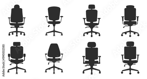 Office, chair vector icon set in silhouette style, business furniture and workspace equipment collection, clean editable illustration for corporate and office design.