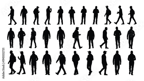 Collection of diverse human silhouettes in various walking postures and positions