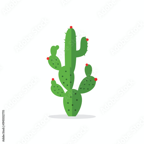 A flat illustration of a green prickly pear cactus with red buds on a white background
