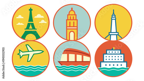 Travel icons for various transportation and landmarks Vector, illustration