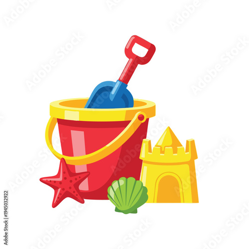Red bucket with blue shovel, sand castle, starfish, and seashell