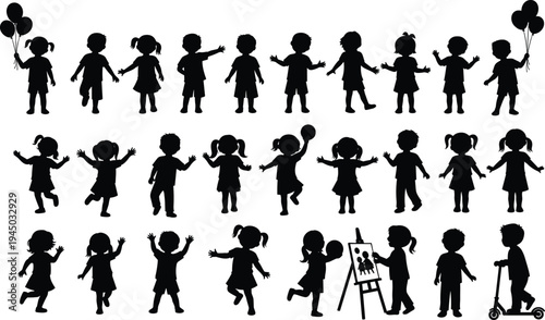 Large set of black silhouettes of children playing jumping and learning with balloons scooter and painting isolated on white background