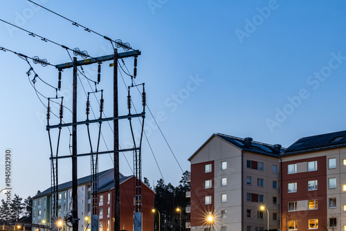 Stockholm, Sweden A night view of an electricity pylon in the Ursvik residential district.