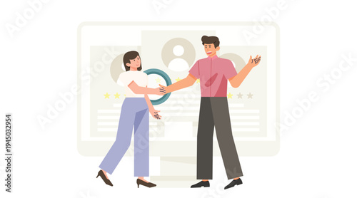 Job candidate resume profile concept with recruiter presenting CV and rating stars. Human resources recruitment vector illustration.