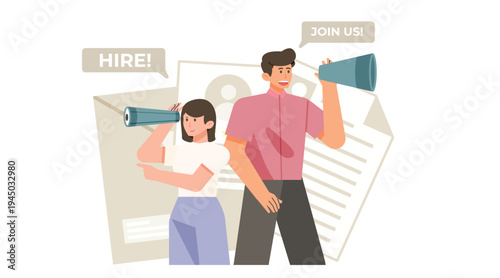 Remote job application concept with candidate working on laptop submitting resume. Online career recruitment illustration.