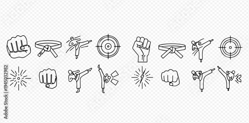 Martial arts line icons set with karate, taekwondo, and fighting symbols, perfect for sports and self-defense designs.