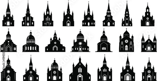 Large Set of Church Silhouettes Including Cathedral Chapel Basilica and Christian Building Icons with Steeples Crosses and Domes for Architecture Design