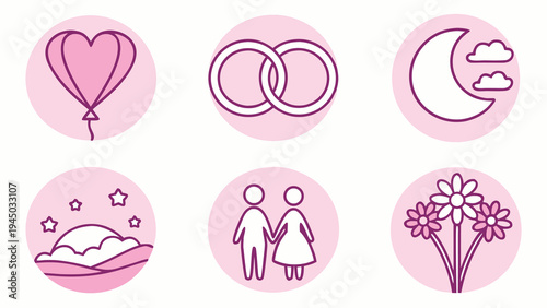 Wedding and love icons in pink and white Vector, illustration