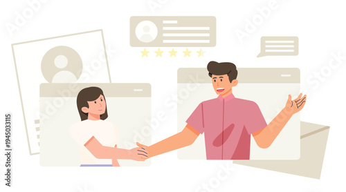 Talent search recruitment concept with magnifying glass analyzing candidate profiles on digital screen. Hiring process illustration.