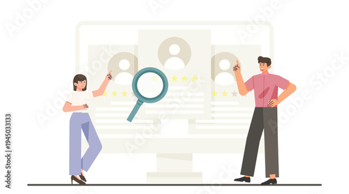 Resume review concept with HR manager discussing candidate profile and qualifications vector illustration.