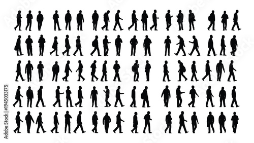 A comprehensive analysis of human silhouettes in various walking poses and angles, showcasing diverse body language and movement patterns