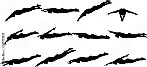 Swimming athlete silhouette collection with diving and freestyle poses vector illustration, sport action figures isolated on light background for fitness training and competition design