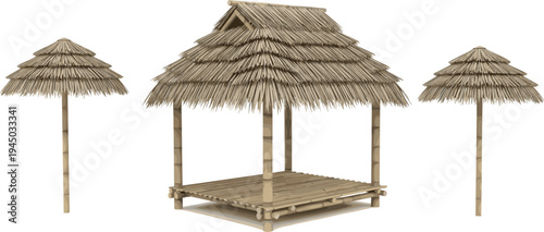 Traditional bamboo hut with thatched roof isolated on white background, rustic tropical shelter illustration set for village architecture, eco tourism design and natural construction concept